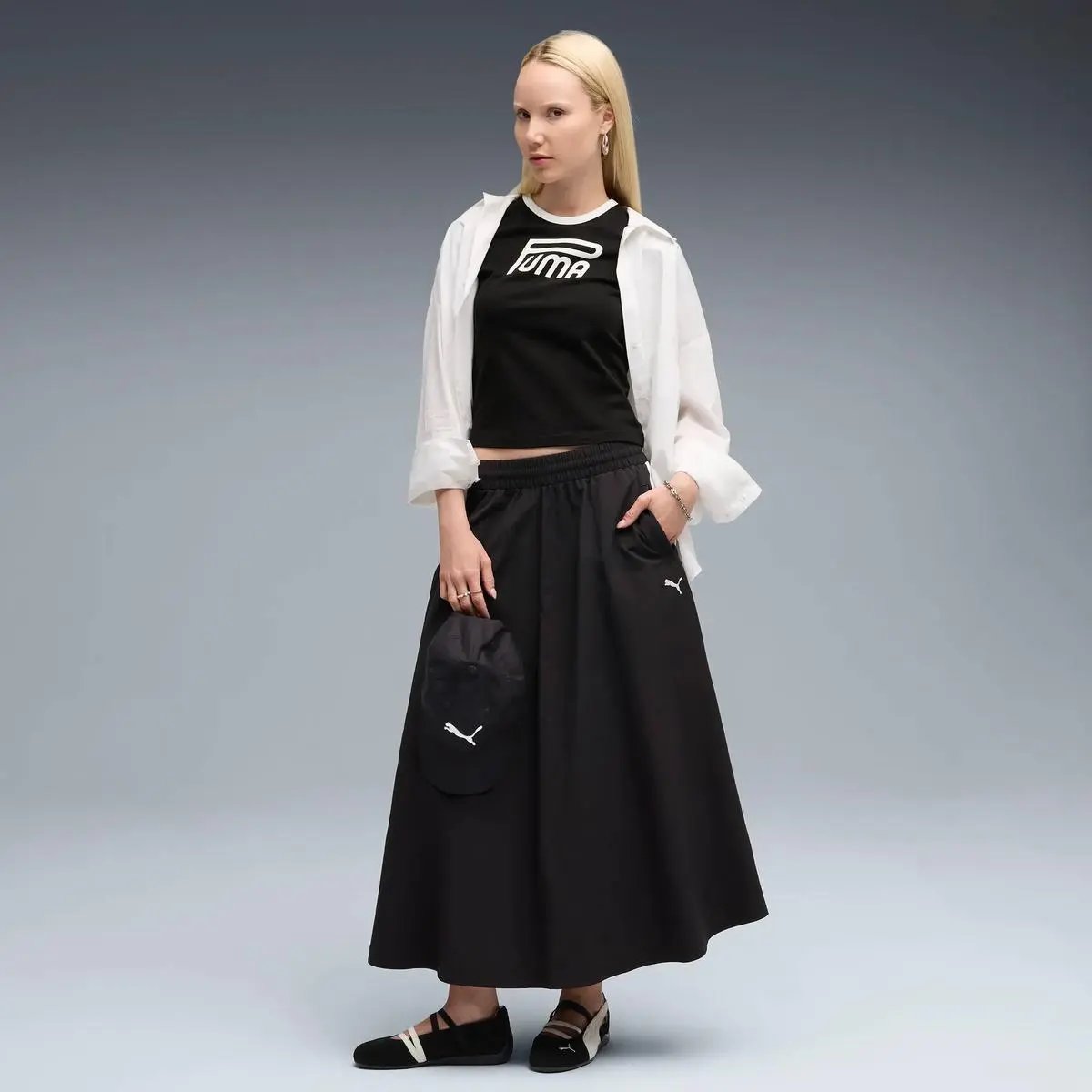 633438 T7 WOVEN MIDI SKIRT NERO PUMA